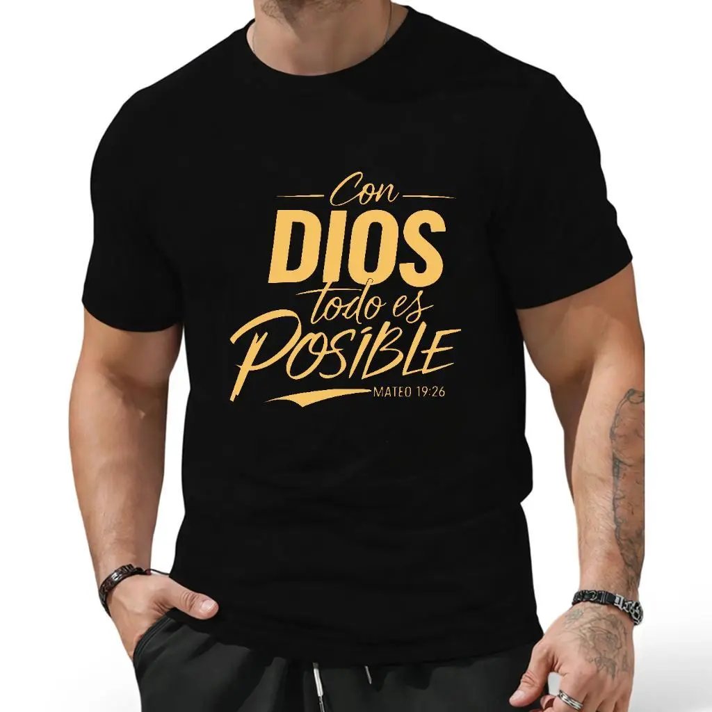 Men's 100% Cotton Casual Graphic Tee - "Con Dios Todo Es Posible" Matthew 26:11 Spanish Bible Verse, Crew Neck, Detailed Sizing, Comfort Top, 100 Cotton Clothing, 100% Defect-Free Guarantee