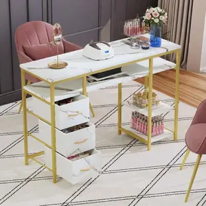Manicure Table, Nail Desk For Nail Tech, Marbling Texture Manicure Desk With 3 Drawers & Open Shelves For Beauty Salon Spa White