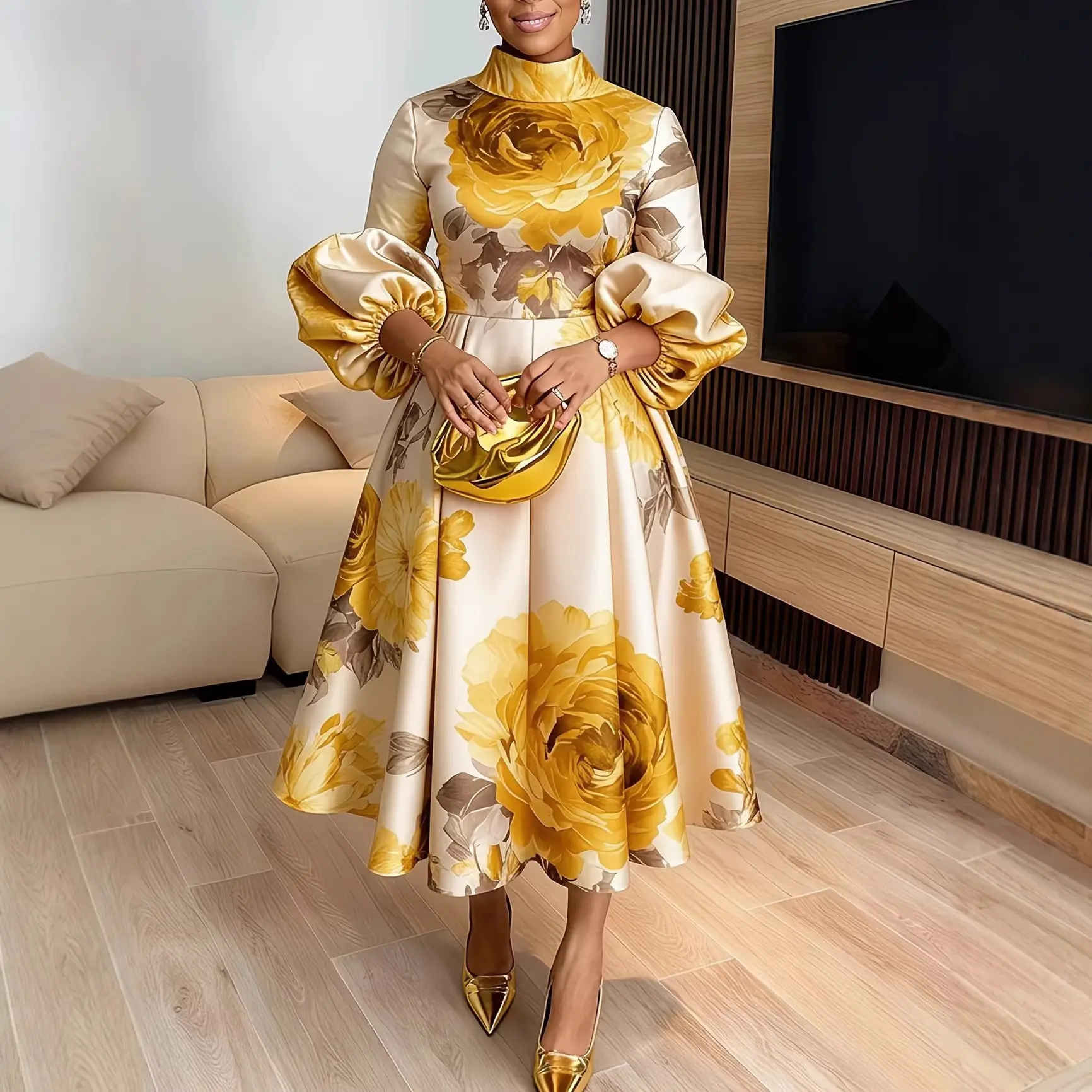 Women's French Vintage Knitted Knit Long Sleeve High Neck Puff Sleeve Floral Maxi Dress - Sweet Look Womens Dresses for Office, Casual Wear