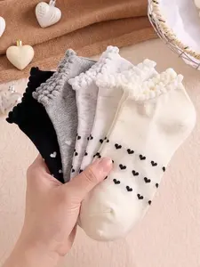 5 Pairs Women's Heart Pattern Short Socks Set, Breathable Low-Cut Design, Sweet Wave Edge Boat Sock Combination, Ideal for Daily Wear, Casual Daily Socks