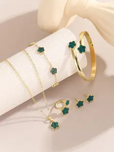 Women's Elegant Flower Design Jewelry Set, Fashion Pendant Necklace & Ring & Bangle & Bracelet & Stud Earrings, Trendy All-match & Exquisite Jewelry Set for Birthday Gift, Matching Jewelry Set