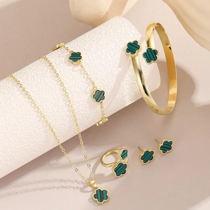 Mother's Day Gift Women's Elegant Flower Design Jewelry Set, Matching Jewelry Set, Fashion Pendant Necklace & Ring & Bangle & Bracelet & Stud Earrings, Trendy All-match & Exquisite Jewelry Set, Fashionable Jewelry Set for Birthday
