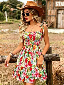 Elegant women's dress, Bohemian floral print off-shoulder lace-up short dress, fitted waist slimming dress, beach vacation casual skirt, dating dress, summer women's clothing,Western Cottagecore Flowy Cami