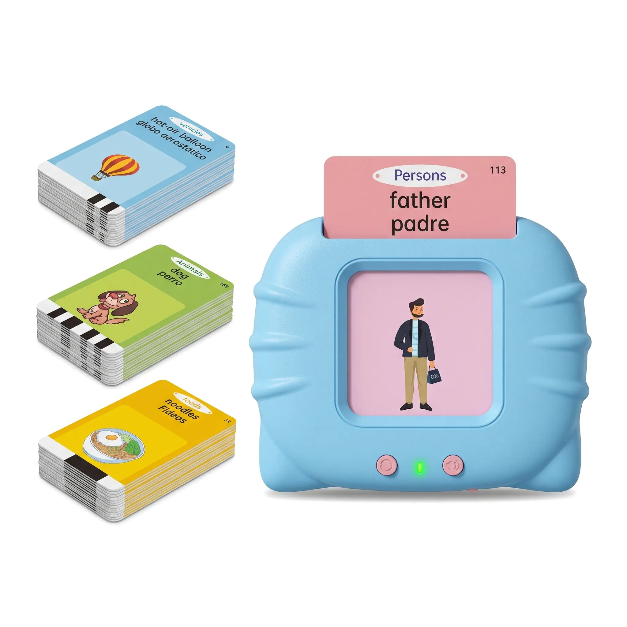 Compact Bilingual Spanish-English Talking Flash Card Reader - Screen-Free, Word Recognition, Native Audio, 112 Double-Sided Cards (224 Words), Bilingual Learn Early Educational Toy for 2-6 Year Olds, Christmas Speech Therapy Machine