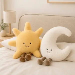 Cute Smile Face White Moon Yellow Sun Plushie Stuffed Nordic Wind Plush Toy for Kid Bedroom Decor Sofa Throw Pillow