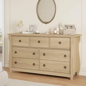 Garvee Dresser for Bedroom, Modern Wood 7 Drawer Dresser with Black Ring Pull Handles, 54 in Wide Chest of Drawer, White Storage Organizer for Living Room, Entryway, Natural Oak