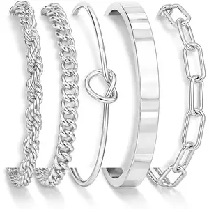 Sterling Silver Cuff Bangle Bracelet Set for Women Non Tarnish, Silver Chunky Cuban Link Chain Heart Love Infinity Tie Knot Paperclip Beaded Twist Rope Silver Bracelets Fashion Jewelry Gifts Set