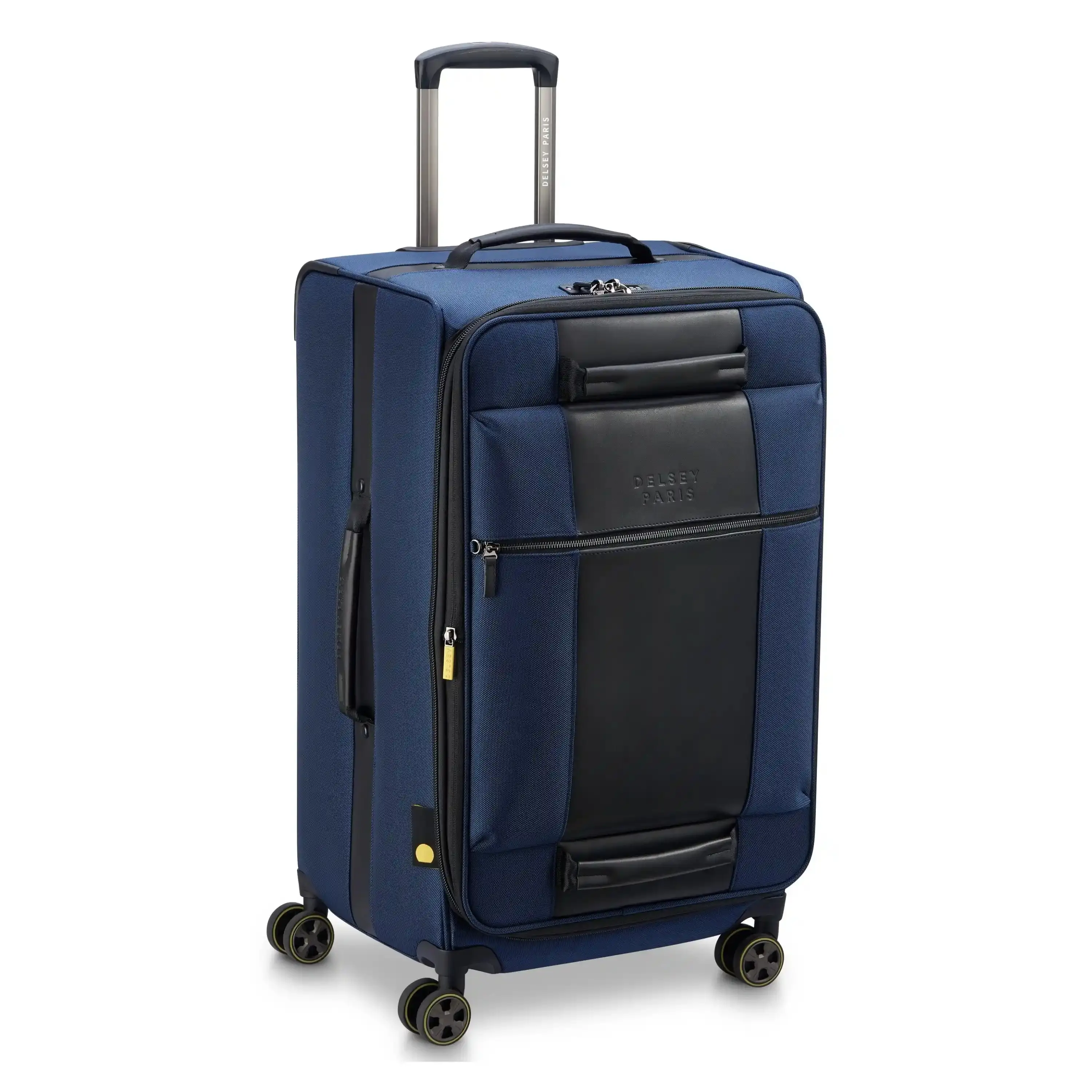 DELSEY Wagram Medium Square Trunk Spinner - Expandable Ballistic Nylon Checked Luggage with Leather Accents and TSA Zipper Lock, Expandable Rolling Luggage, Travel Trolley, Accented, Compact Look, Square Shape, 4 Wheels, Car-Friendly, Built-In Organizer