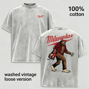 Vintage Bigfoot Lumberjack Graphic Tee Men Washed Grey T-Shirt Retro Chainsaw Industrial Heavyweight 100% Cotton Loose Fit Casual Top Streetwear Harajuku Short Sleeve Clothing Summer Graphic Tee Hip Hop Oversized