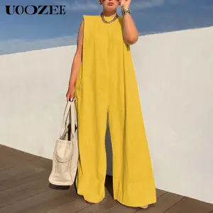UOOZEE Women's Plain Solid Black Crewneck Sleeveless Wide Leg Cotton Blend Overalls - Casual Loose Fit Minimalist Colorful Summer Womenswear