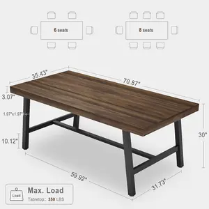 Industrial Dining Table for 6-8 People, 70.87" Long Wooden Kitchen Table with Sturdy Metal Frame & Rustic Brown Finish - Seats 6 Rectangular Counter for Dinner, Kitchen, Dining Room - Brown