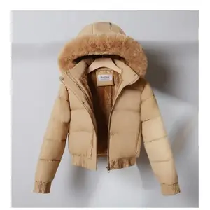 Women's Zip Up Pocket Design Shirred Waist Jacket Fuzzy Trim Fleece Lined Hooded Puffer Coat Windproof Jackets