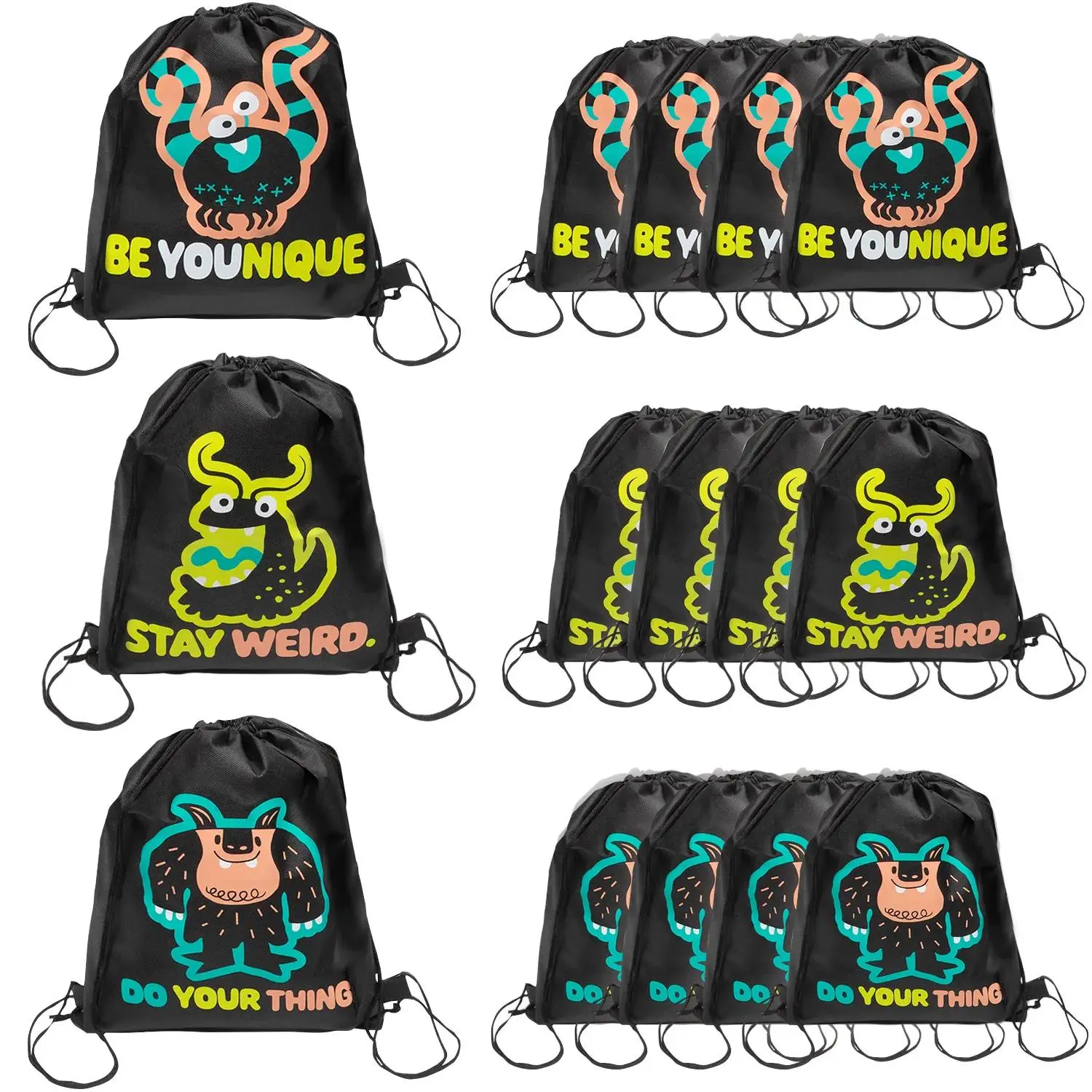Kids' Lightweight Nonwoven Drawstring Backpacks with Drawstring Straps - 12-Pack, Whimsical Monster Graphics, Medium Size 12" x 15", Durable, Party Favors, School Supplies