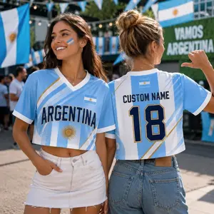 Custom Argentina V Neck Crop Top Soccer Jersey for Women, Personalized Argentina Football Crop Shirt with Name Number