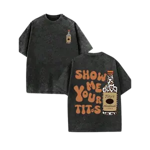 Leopard print element, "SHOW ME YOU TITOS" humorous text, men's washed double-sided printed vintage T-shirt, women's machine washable vintage T-shirt