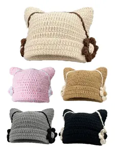 Unisex Handmade Crochet Cat Ear Knit Hat, Pure Color Floral Hollow Out Flip Edge Cap, Fall Winter Warm Head Wrap