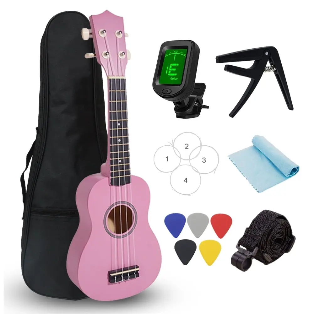 Ukulele 21 inch Beginning Kit for Beginner Students with Free Gig Bag, Strap, Nylon String, Picks, Clip-on Tuner Colorful Gift Black