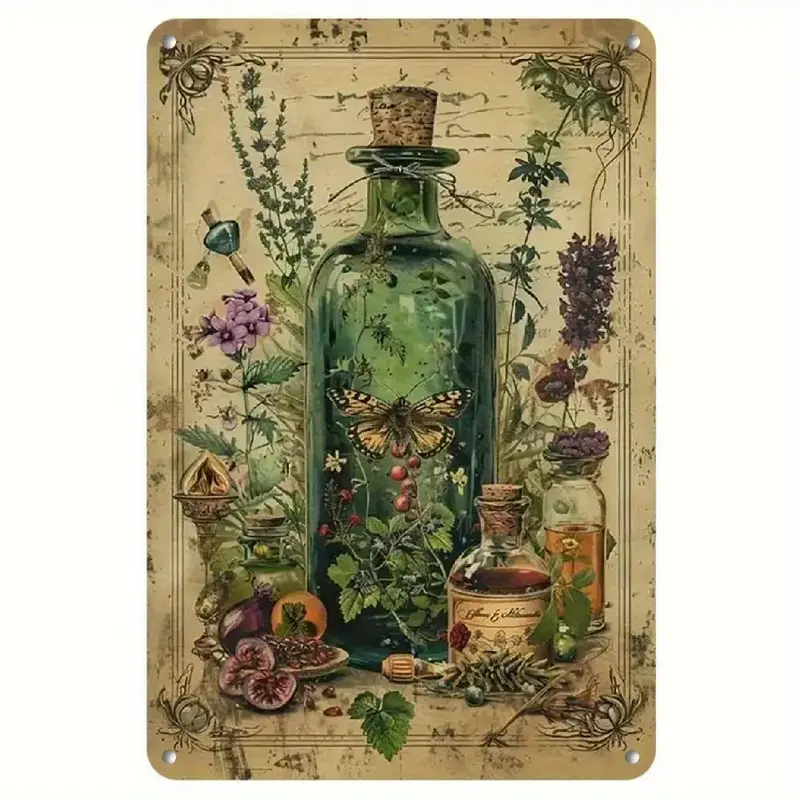 Vintage Herbal Medicine Metal Wall Art - Rustic Botanical Print with Glass Bottles & Butterflies, Zen-Inspired Home Decor for Kitchen, Bathroom, Garden, or Garage, 0.08inch Thick Iron Wall Hanging, Bathroom Wall Decor