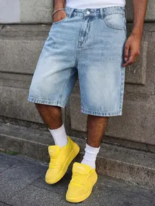 Men's Casual Classic Loose Wide Leg Denim Shorts Streetwear, All Seasons Street Style, Pure Color Pocket Design, Versatile Straight Fit Jeans