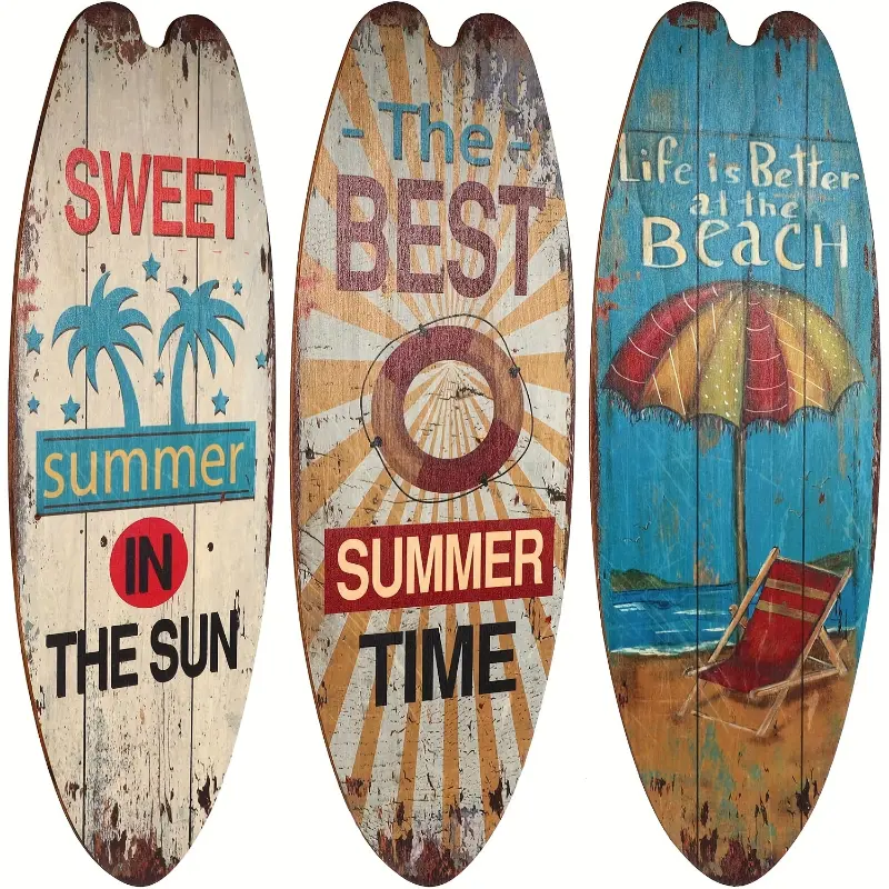 3pcs Vintage Hangable Wood Surfboard Wall Decoration Art Deco - 17.6in x 6.2in Wooden Hanging Signs, Without Power, Generally Fit Beach Theme Home Decor for Living Room, Bedroom