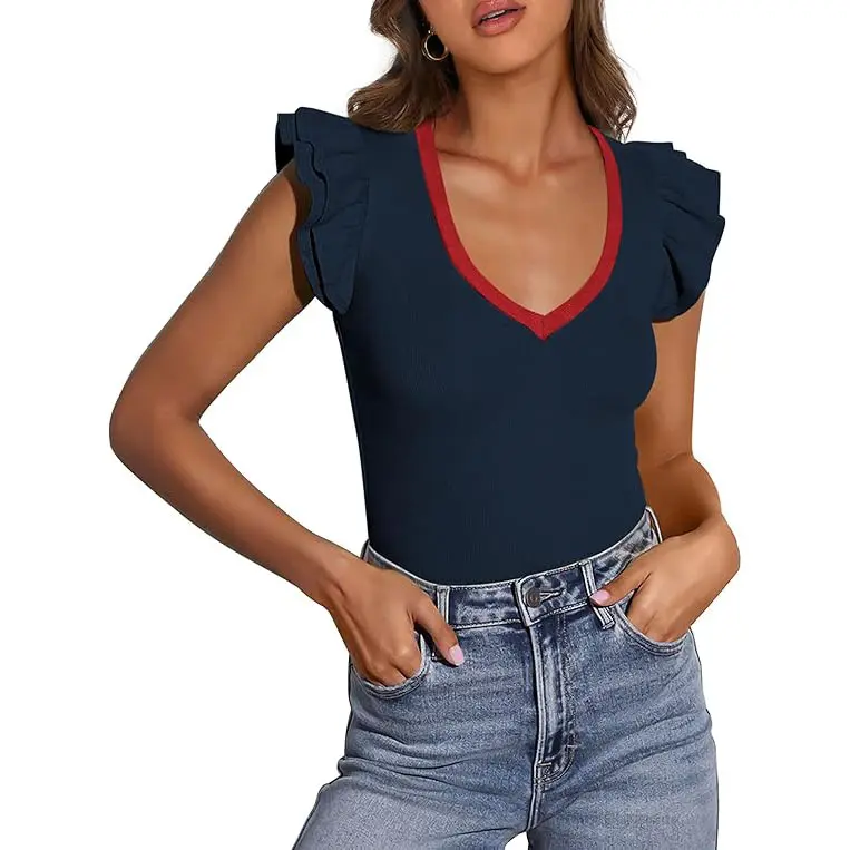 PrettyGarden Womens V Neck Summer Tops Ruffle Sleeveless Slim Fit Casual Blouses - Comfortable Womenswear for Going Out