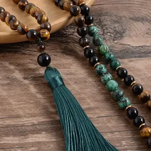Tiger's Eye Turquoise 108 Mala Bead Prayer Tassel Healing Women Men Necklace