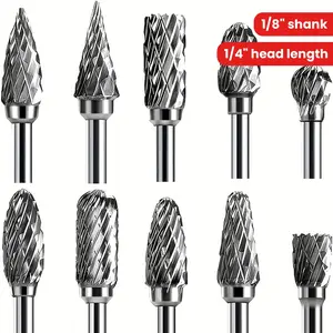10pcs Double Cut Carbide Rotary Burr Set - 1/8" Shank, 1/4" Head Length Tungsten Steel For Woodworking, Drilling, Cutting, Metal Carving, Engraving, Polishing