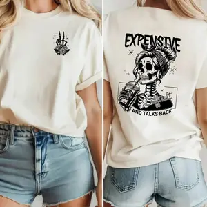 Expensive Difficult And Talks Back T Shirt, Trendy Double Sided Shirt, Funny Women, Sarcastic Wife, Gift For Her Skull & Rose Print Drop Shoulder Tee