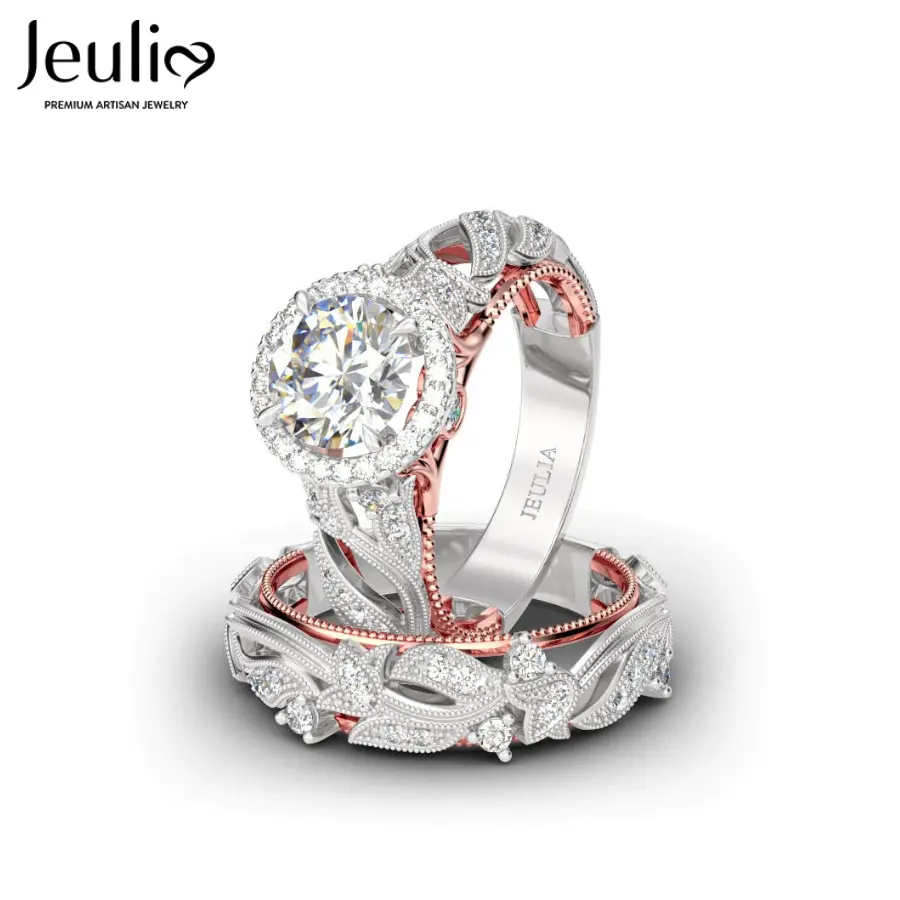 Jeulia 4 Carat Openwork 925 Sterling Silver Bridal Set Rings - Rose Gold 14.75mm Round Cut Halo Female Engagement Band, White CZ Solitaire, Elegant Birthday Ring Stack Anniversary Gift