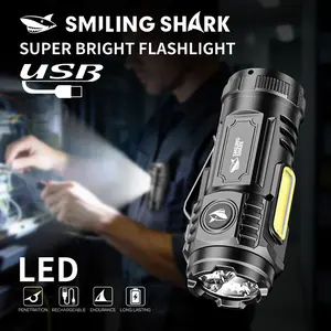 【SD-5474】Small Size Massive Power SMILING SHARK Torch Light Rechargeable Flashlight Led Super Bright with Clip COB Floodlighting 4 Modes Small Outdoor Emergency Hiking Pocket Light 		