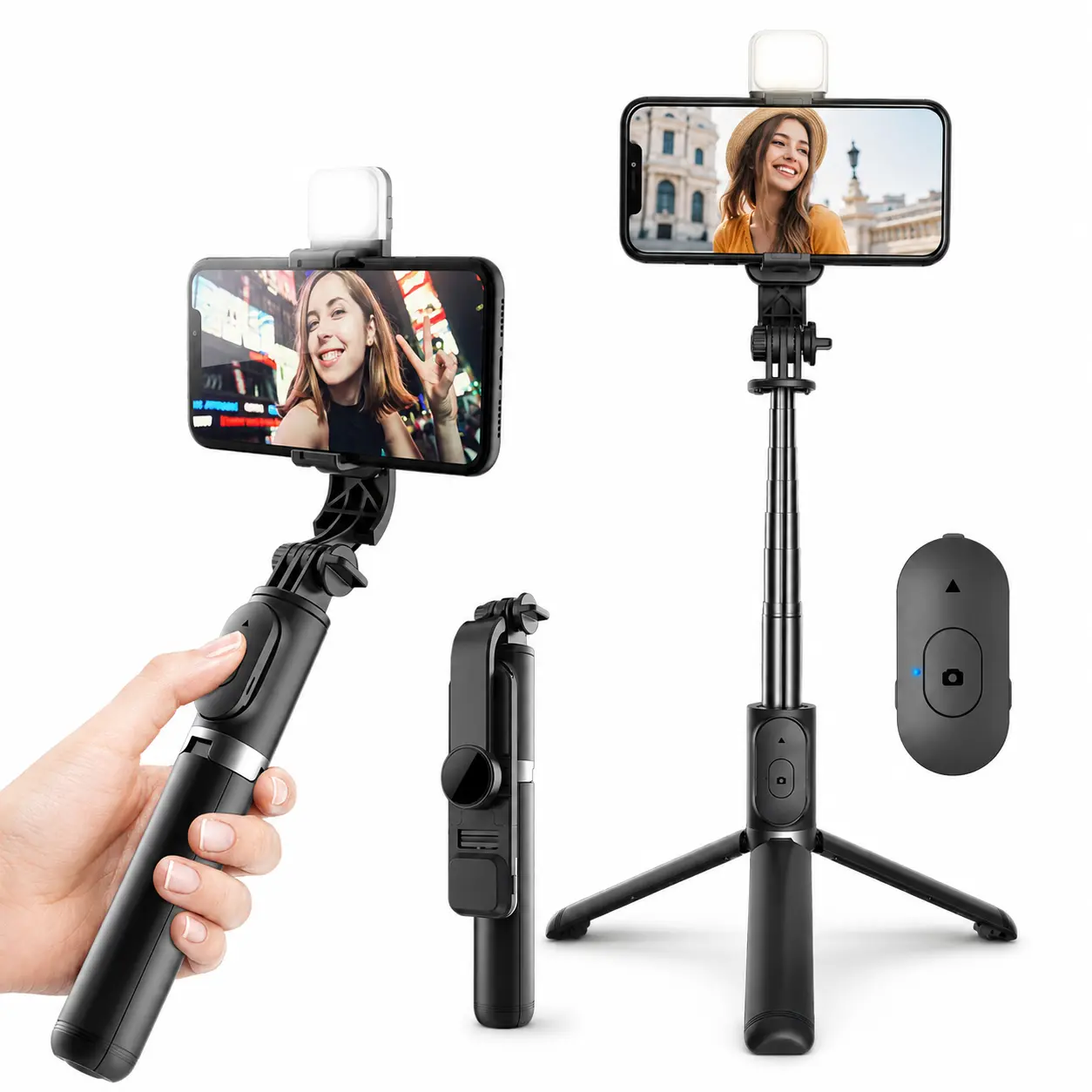 2-in-1 Extendable Selfie Stick Tripod with Adjustable Fill Light and Wireless Remote, Foldable Phone Stand with 360° Rotating Holder for Vlogging, Content Creation, Travel and Group Selfies Smartphone Cellphone