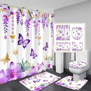 Floral Butterfly Print Decorative Bathroom Shower Curtain Set, Bathroom Decoration Accessories, Includes Bath Mat, Toilet Lid Cover, U-Shaped Tray, 12 Hooks, Perfect Gift for Home Decor