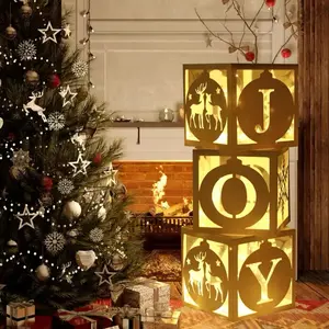 Christmas Box With Light String Hollow Letters Joy Merry Christmas Decoration 2024 for Home Xmas Ornaments Navidad New Year 2024