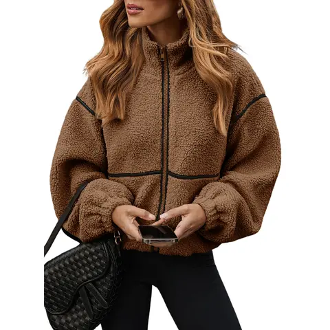 Dokotoo Womens Coat Casual Lapel Full Zip Fleece Jacket Long Sleeve Oversized Warm Winter Outwear with Pockets
