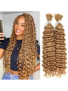 Human Braiding Hair Boho Braids 100g Deep Wave Bulk for Braiding No Weft 2 Bundles Wet and Wavy Curly Human Hair Extensions Color 27 Caramel Honey Blonde