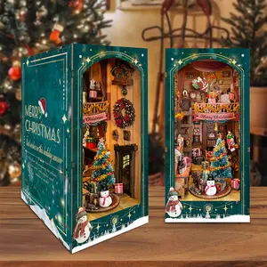 Dingdang Cabin - Mini  Corner Set Handmade Christmas Gifts Warm Winter Christmas Cabin  Corner DIY 3D Puzzle Christmas House Gifts for Kids Vintage Magic Library Wooden Book Stand touch switch decorative model
