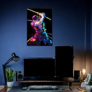 Zoro One Piece Poster with Dual Sword Pose in Neon Glow Style, Color Splash Polygon Effect on Dark Background, Sharp Pattern Print for Anime Fans and Gaming Room Setup