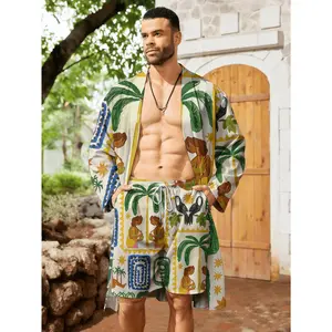 Paisley pattern men's long cardigan and shorts set, men's top, essential for young men, spring and summer trend, high-quality print, durable, casual and stylish, breathable and comfortable, fashionable and cool, trendy