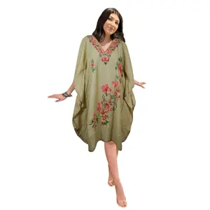 Women Beige Midi Kaftan Beach Kaftan Cotton Embroidered Kimono Caftan Dresses L-2X