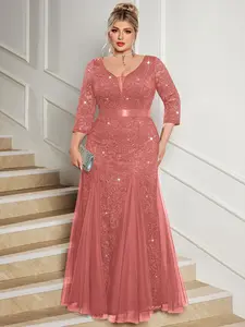 MISSMAY P84159A Plus Size Deep V-Neck Sequin Floral Lace Contrast Mesh Mermaid Hem Evening Party Formal Maxi Dress, Winter Dress, New Year Dress, Wedding Guest Dress, For Birthday, Homecoming, Festivals