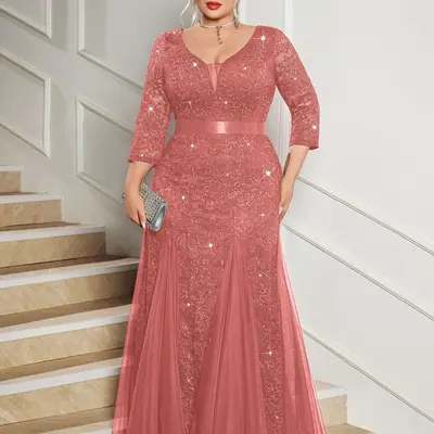 rose gold dress for wedding guest plus size SHEIN Belle Plus Size Champagne Gold Luxury Sequins High-Slit Formal  Evening Dress,Puff Sleeves Elegant Prom Wedding Guest Gown,Dusty Rose  Spring Graduation Gown