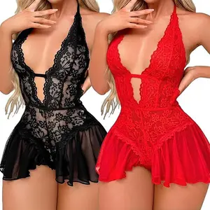 2 Pcs Teddy Lingerie for Women Sexy Cut Out Lace Bodysuit One Piece Criss Cross Backless Mini Babydoll minimalist