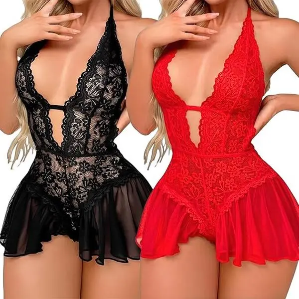 2 Pcs Teddy Lingerie for Women Sexy Cut Out Lace Bodysuit One Piece Criss Cross Backless Mini Babydoll minimalist Elegant Everyday