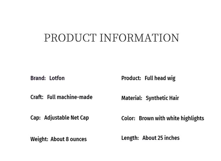 Lotfon Women's non-adhesive synthetic wig, Brown with white highlights big wave style, adjustable head circumference, comfortable fit, easy to wear, lightweight and breathable, instantly changes your style, suitable for daily wear and cosplay.