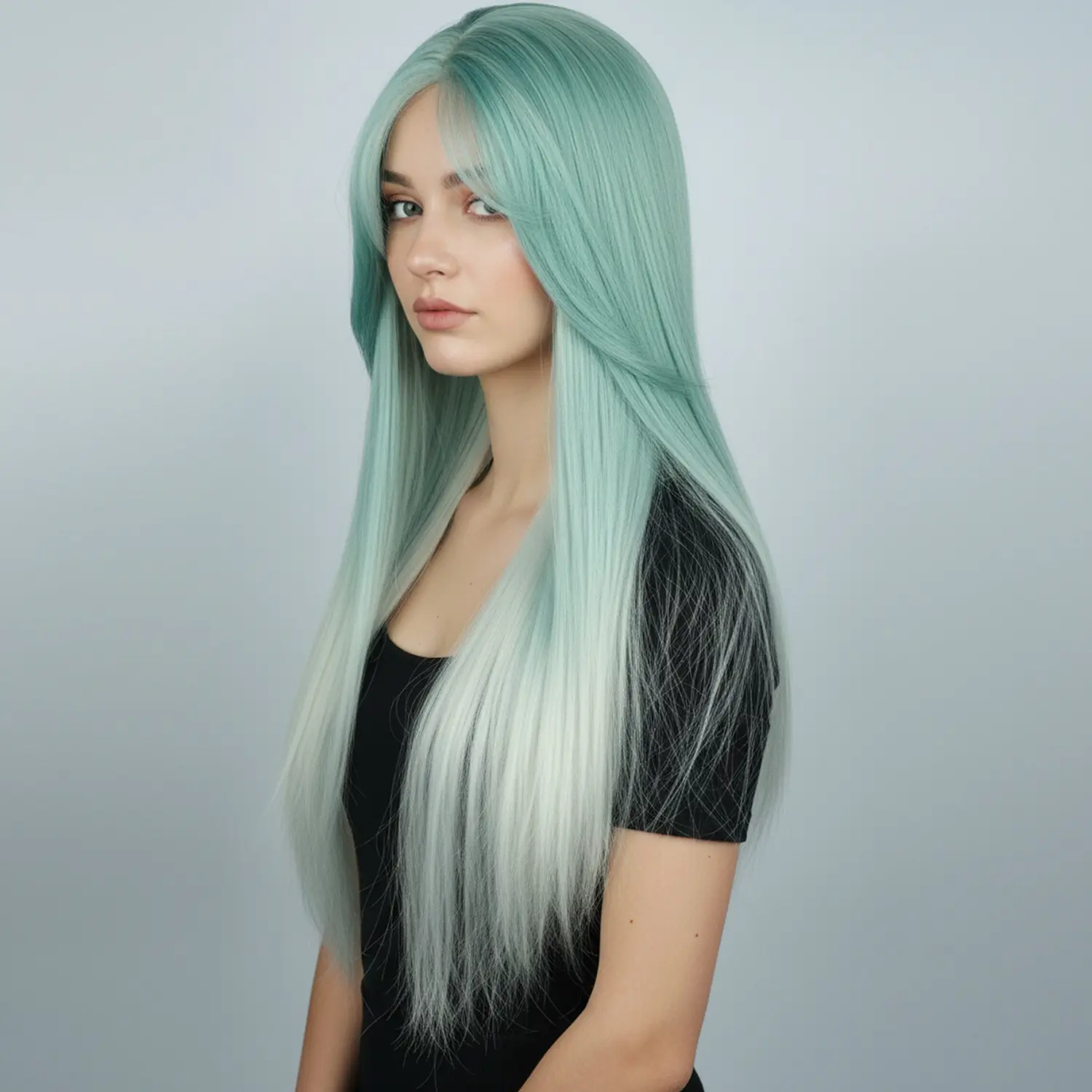 Mint Green to White Gradient Wig 30-Inch Long Straight Hair 