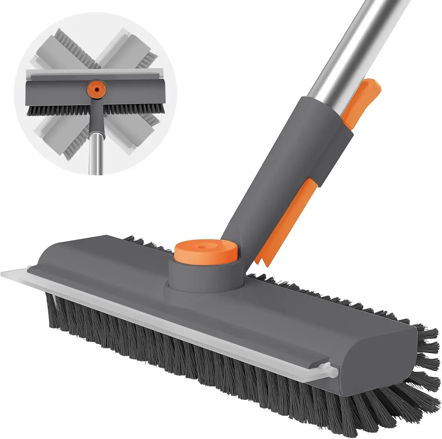 3-in-1 Floor Scrub Bathtub Brush with Long Handle - 1pc, 360-degree Rotating, 45-degree Ergonomic Design, Double-Sided Heavy-Duty Stiff Bristles & Squeegee, 10.6*3.95in Home Cleaning Broom for Bathroom, Kitchen, Deck, Durable, Birthday, Wedding