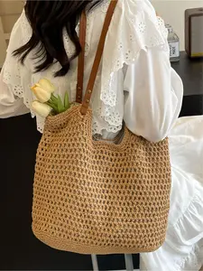 Women's Solid Color Crochet Shoulder Bag, Large Capacity Tote Bag for Travel, Casual Trendy Versatile High-quality Daily Commuting Bag, Girl Fashionable Shopping Bag, Casual Lightweight Bag