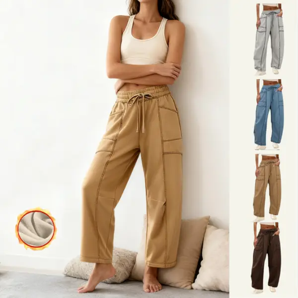 Yeokou Women's Baggy Wide Leg Fleece-Lined Trousers - Korean-Inspired, Soft Thermal Fabric, Adjustable Drawstring Waist, Pockets, Chic Minimalist Fit for Fall Winter Loungewear, Frill, Holiday, Cotton Blend, Drawstring Fit, Cozy Home-To-Street Wear, Korea