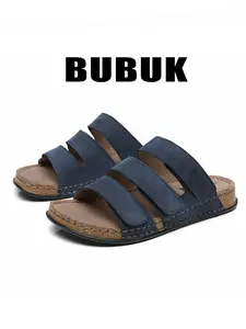BUBUK Men's Vintage Handmade Leather Sport Casual Sandals, Velcro One-Strap Slippers, Comfortable Soft Sole Anti-Slip Flip Flops