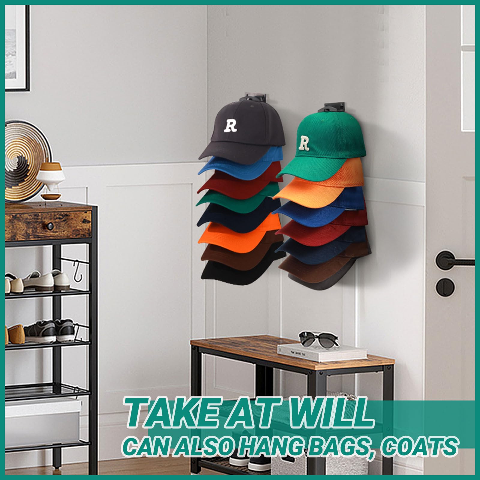 Baseball Cap Organizer Rack-2Pcs,Wall Hat Hooks with Strong Adhesive Holds up to 16Hats,Over-the-Door Closet Hat Hanger Display Stand,MultiLayer Cap Organizer Storage with 2Mounting Options